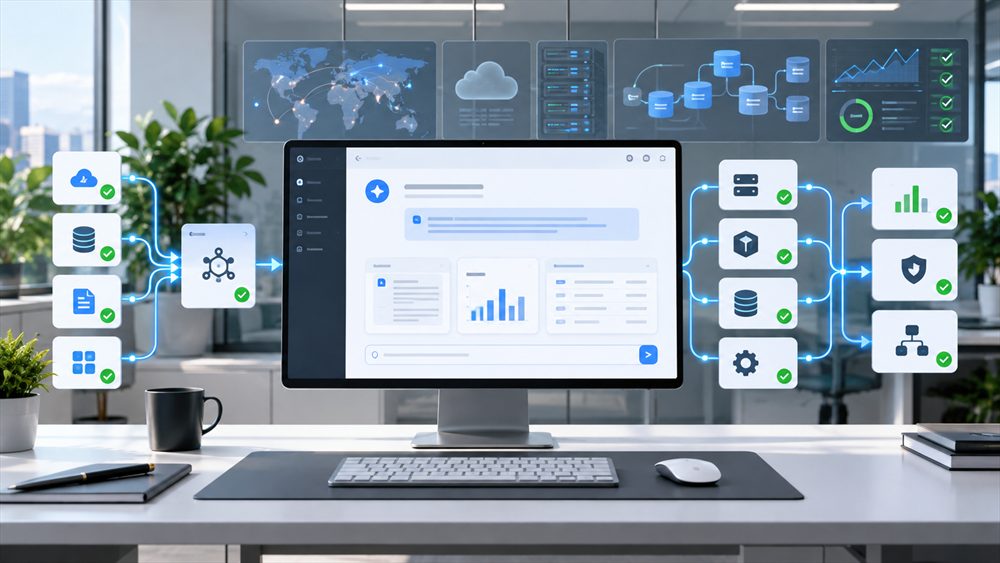An application under construction, with services, interfaces and monitoring shown as connected components.
