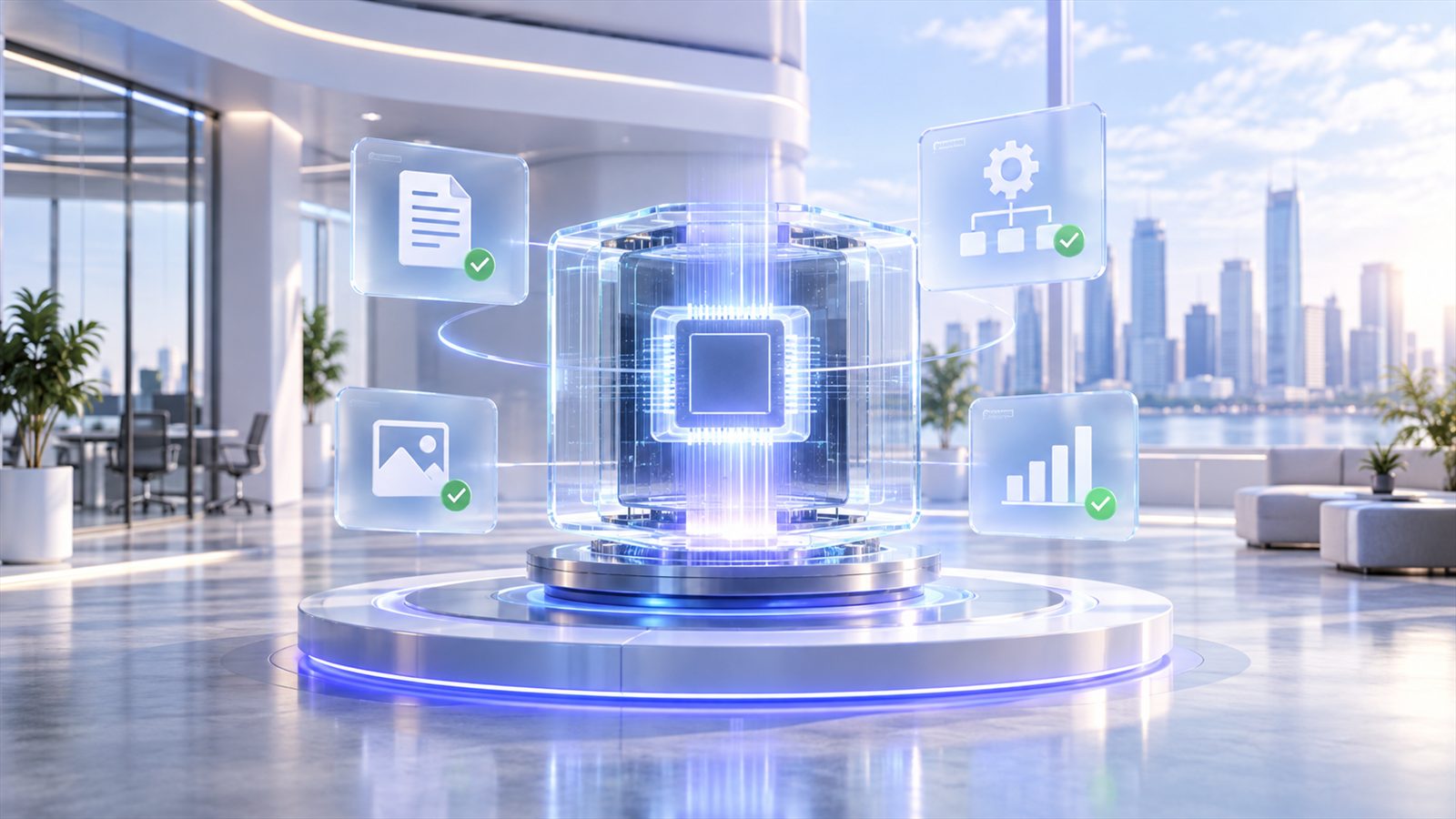 An enterprise workspace with information flowing into a single processing core and back out to documents, images and reports.