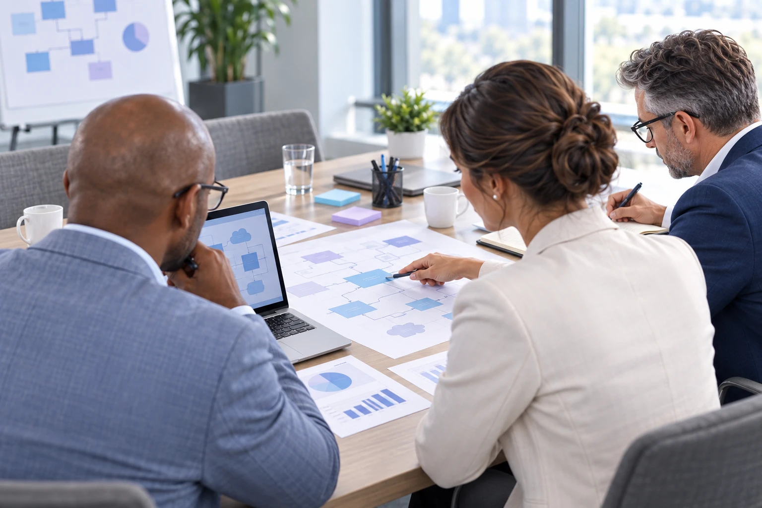 A team reviewing process diagrams and roadmap material around a meeting table.