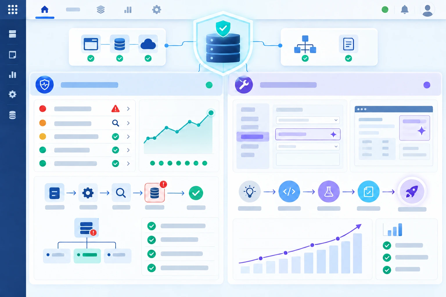 Service dashboard showing issue resolution alongside a pipeline of improvements and trends.