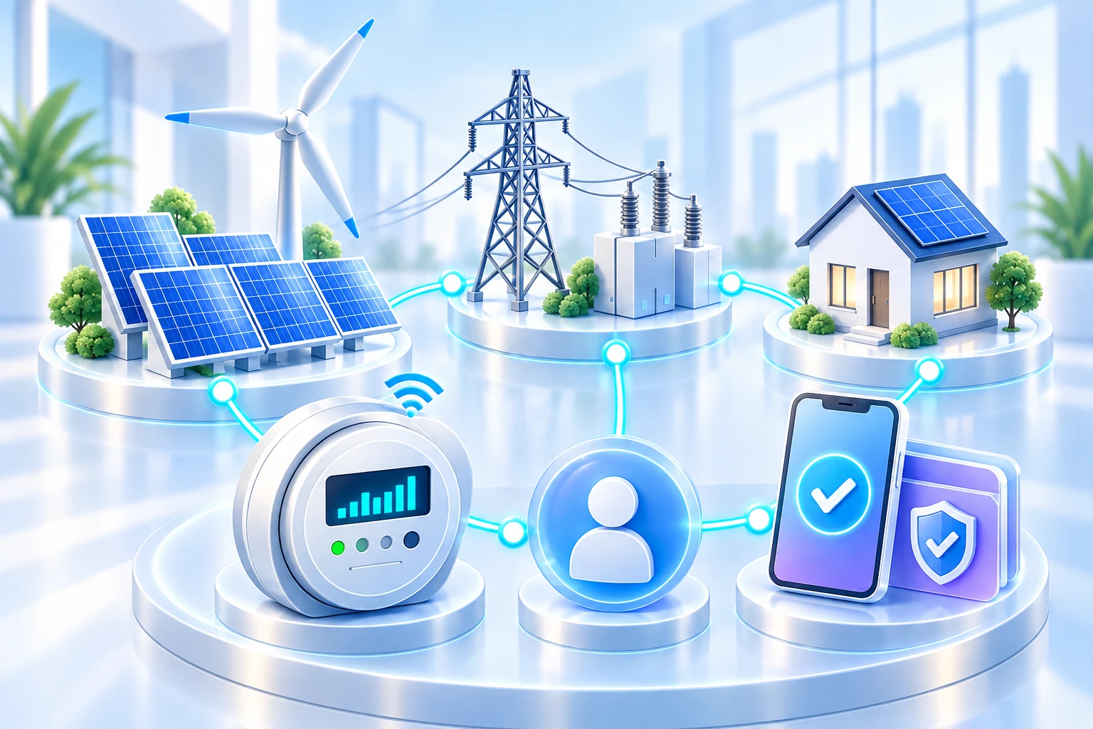 Connected utility landscape: generation, grid, home, smart meter, customer and digital services.