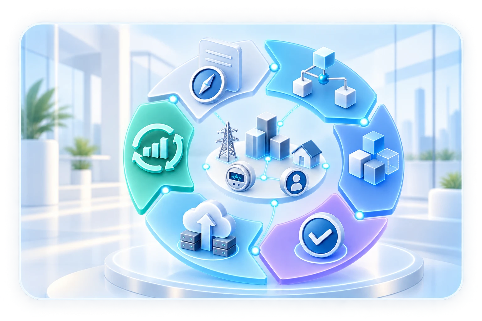 The SAP Utilities lifecycle around a utility landscape: advisory, design, build, testing, deployment and continuous improvement.